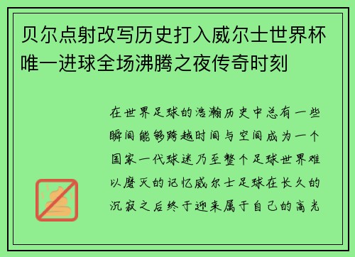 贝尔点射改写历史打入威尔士世界杯唯一进球全场沸腾之夜传奇时刻